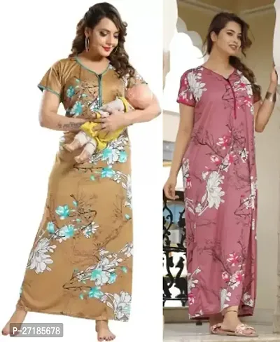 Stylish Multicoloured Satin Nighty For Women Pack Of 2-thumb0