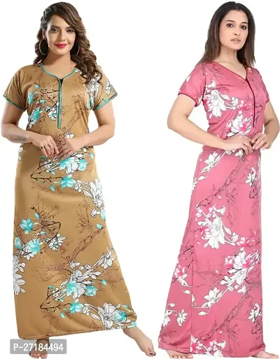 Stylish Multicoloured Satin Nighty For Women Pack Of 2-thumb0