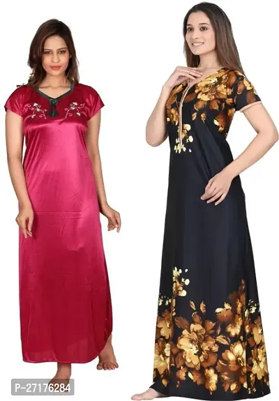 Stylish Multicoloured Satin Nighty For Women Pack Of 2