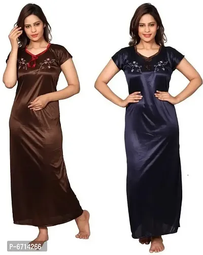 Stylish Satin Multicoloured Solid 2 Nighty Set For Women-thumb0