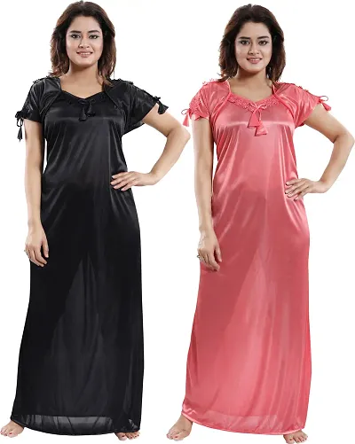 Stylish Satin Solid Night Gown Pack Of 2