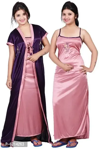 Stylish Satin Pink Solid 1 Nighty With Robe For Women