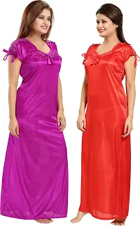 Stylish Multicoloured Satin Solid Nighty Set For Women Pack Of 2-thumb2