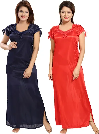 Fancy Satin Solid Side Slit Nighty/Night Gown Pack Of 2