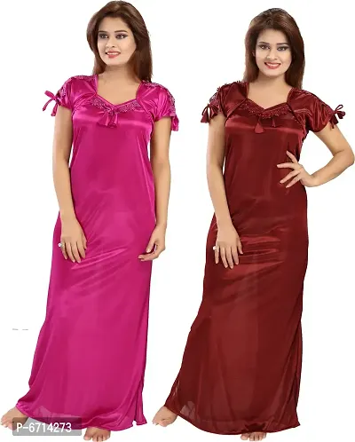 Stylish Satin Multicoloured Solid 2 Nighty Set For Women-thumb0