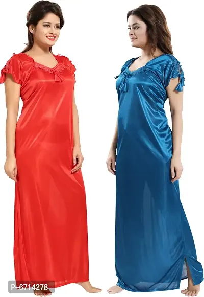 Stylish Satin Multicoloured Solid 2 Nighty Set For Women-thumb3