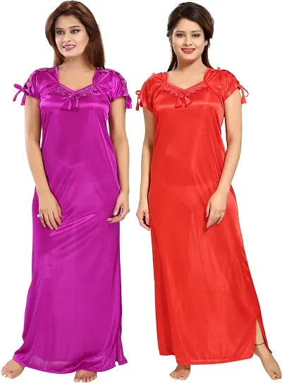 Fancy Satin Solid Side Slit Nighty/Night Gown Pack Of 2