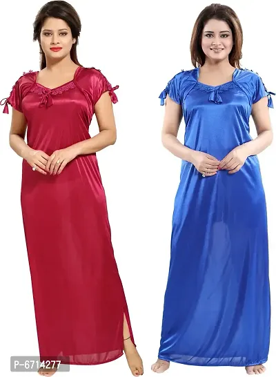 Stylish Satin Multicoloured Solid 2 Nighty Set For Women