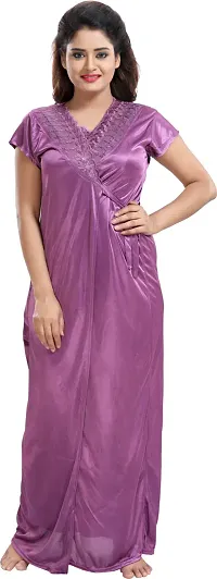Stylish Satin Purple Solid 1 Piece Of Gown With 1 Robe, And 1 Night Wear Top With Trouser For Women-thumb2