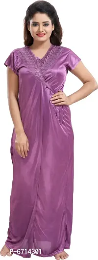 Stylish Satin Purple Solid 1 Piece Of Gown With 1 Robe, And 1 Night Wear Top With Trouser For Women-thumb3
