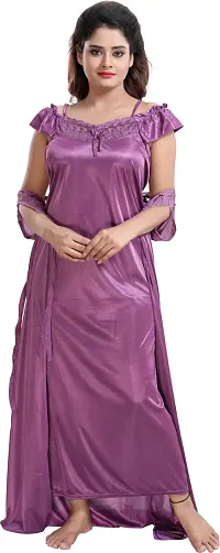 Stylish Satin Purple Solid 1 Piece Of Gown With 1 Robe, And 1 Night Wear Top With Trouser For Women-thumb3