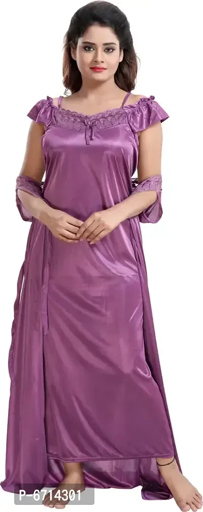 Stylish Satin Purple Solid 1 Piece Of Gown With 1 Robe, And 1 Night Wear Top With Trouser For Women-thumb4