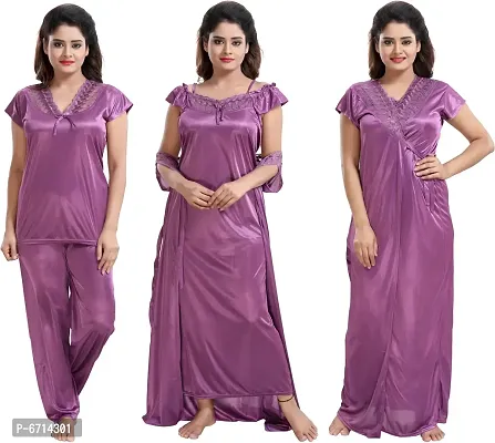 Stylish Satin Purple Solid 1 Piece Of Gown With 1 Robe, And 1 Night Wear Top With Trouser For Women