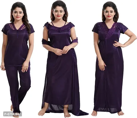 Stylish Satin Black Solid 1 Piece Of Gown With 1 Robe, And 1 Night Wear Top With Trouser For Women