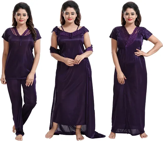 Stylish Satin Solid 1 Piece Of Gown With 1 Robe, And 1 Night Wear Top With Trouser For Women