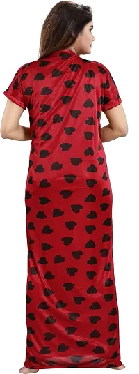 Stylish Satin Red Printed Nighty With Robe For Women-thumb2