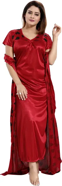Stylish Satin Red Printed Nighty With Robe For Women-thumb1