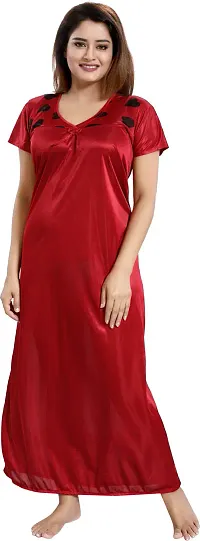 Stylish Satin Red Printed Nighty With Robe For Women-thumb3