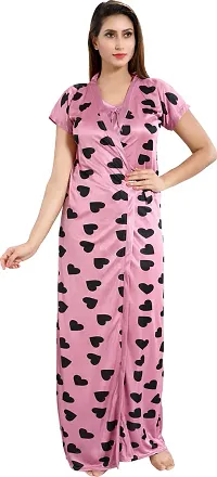 Stylish Satin Pink Printed Nighty With Robe For Women-thumb1