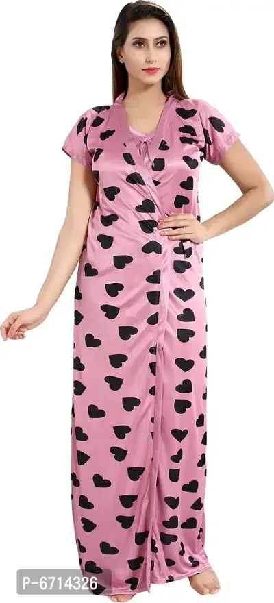 Stylish Satin Pink Printed Nighty With Robe For Women-thumb2
