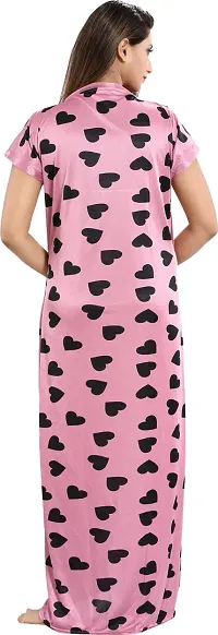 Stylish Satin Pink Printed Nighty With Robe For Women-thumb3