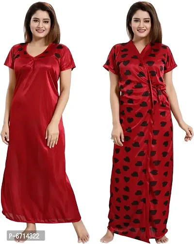 Stylish Satin Red Printed Nighty With Robe For Women-thumb0