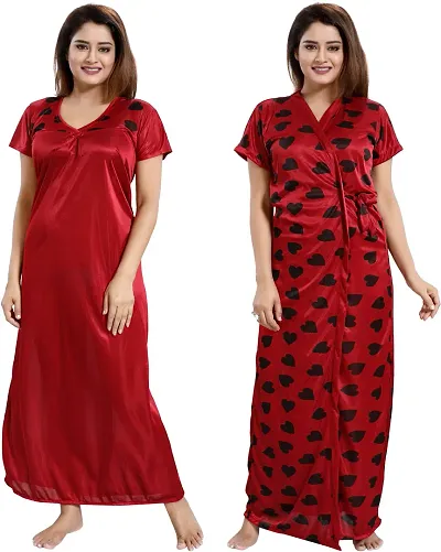 Stylish 2-IN-1 Satin Heart Print Night Gown With Robe
