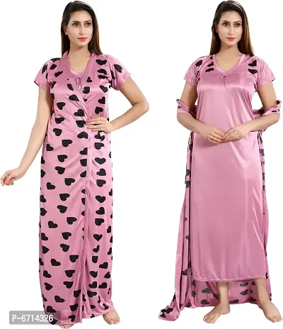 Stylish Satin Pink Printed Nighty With Robe For Women