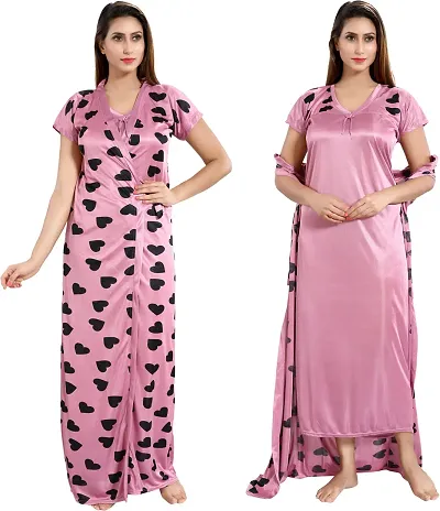 Satin Printed 2-IN-1 Night Gown With Robe