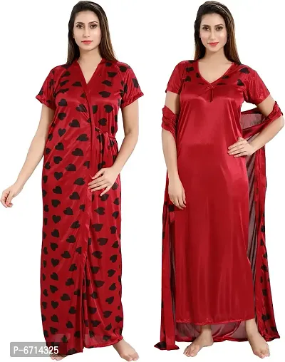 Stylish Satin Red Printed Nighty With Robe For Women