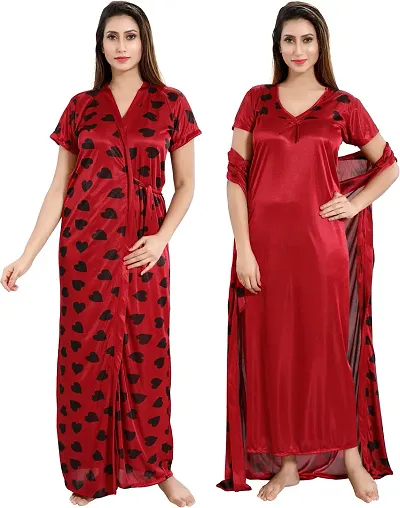 Satin Printed 2-IN-1 Night Gown With Robe