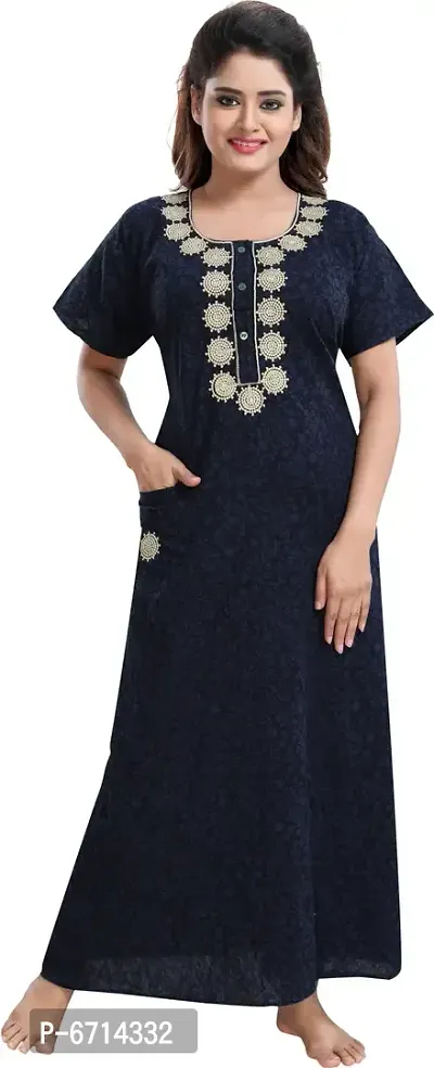Stylish Cotton Navy Blue Embroidery Nighty For Women