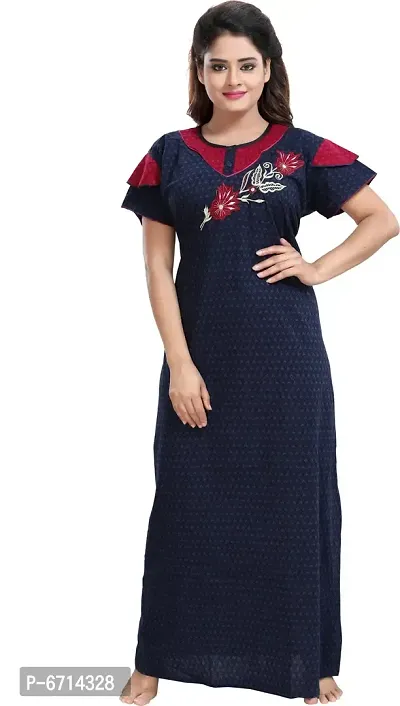 Stylish Cotton Navy Blue Embroidery Nighty For Women