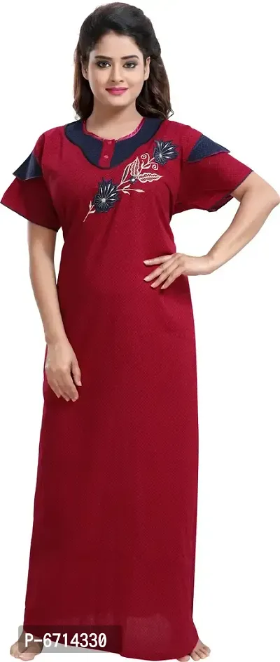 Stylish Cotton Maroon Embroidery Nighty For Women-thumb0