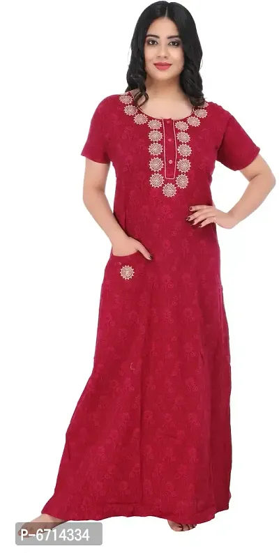Stylish Cotton Red Embroidery Nighty For Women