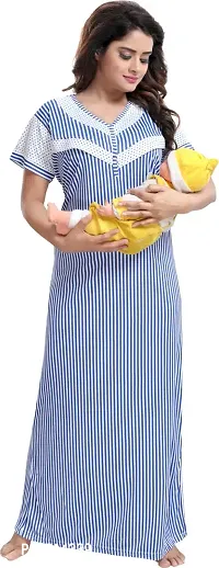 Stylish Cotton Blue Striped Maternity Nighty For Women-thumb0