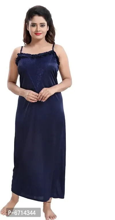 Stylish Satin Navy Blue Nighty With Robe For Women-thumb3