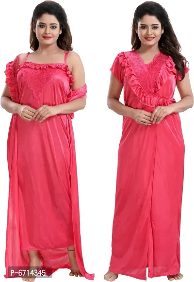 Pink Satin Self Pattern Nightwear For Women-thumb0