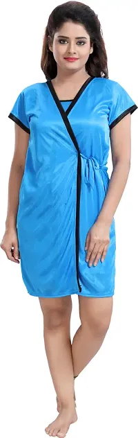 Stylish Satin Blue Night Dress Set- Set Of 4 For Women-thumb1