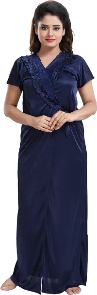 Stylish Satin Navy Blue Nighty With Robe For Women-thumb1