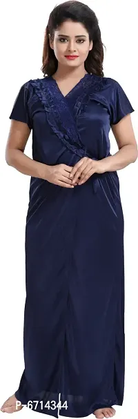 Stylish Satin Navy Blue Nighty With Robe For Women-thumb2