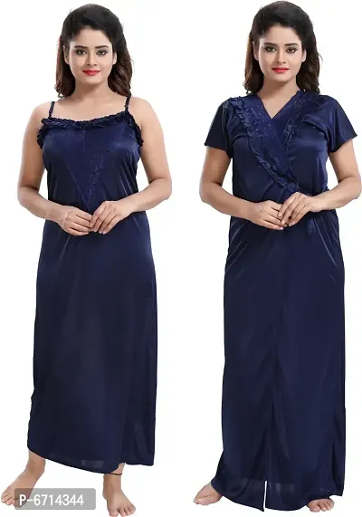 Stylish Satin Navy Blue Nighty With Robe For Women