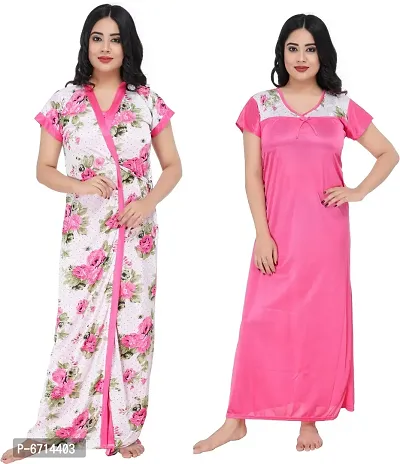 Stylish Satin Pink Nighty With Robe For Women-thumb0