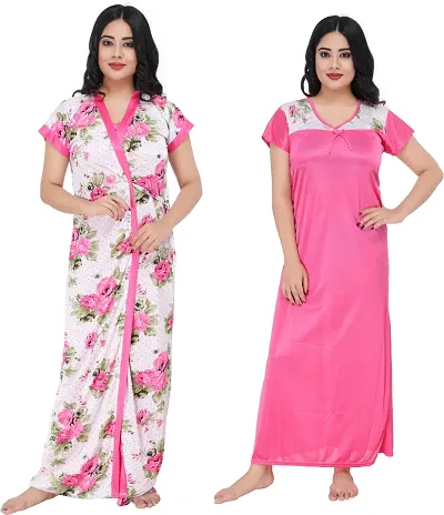 Satin Printed 2-IN-1 Night Gown With Robe