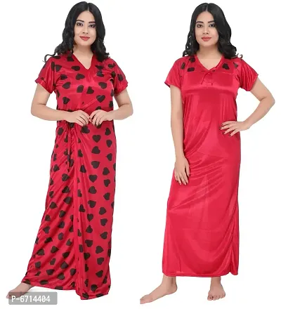 Stylish Satin Red Nighty With Robe For Women