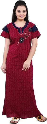 Stylish Cotton Blend Maroon Embroidery Nighty For Women-thumb0