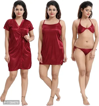 Classy Satin Solid Nighty Set For Women Pack Of 4