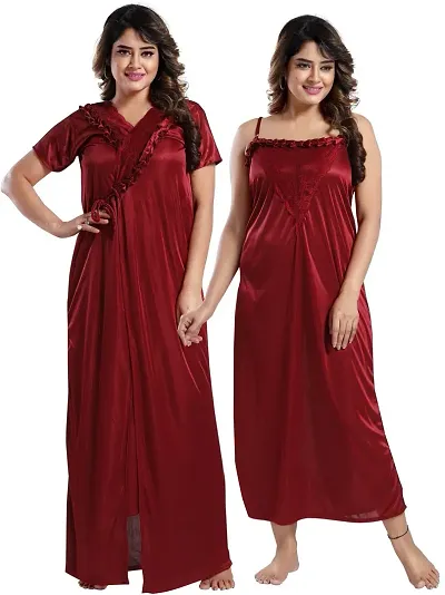 Elegant Satin Solid Nighty With Robe Set For Women