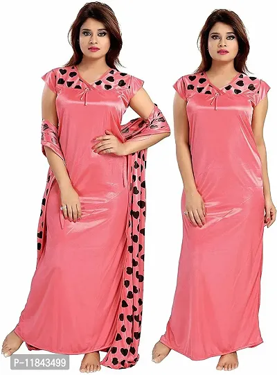 Elegant Pink Satin Printed Nighty Set For Women-thumb0