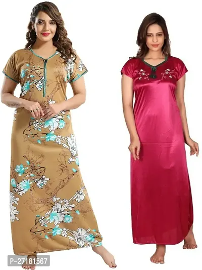 Stylish Multicoloured Satin Nighty For Women Pack Of 2